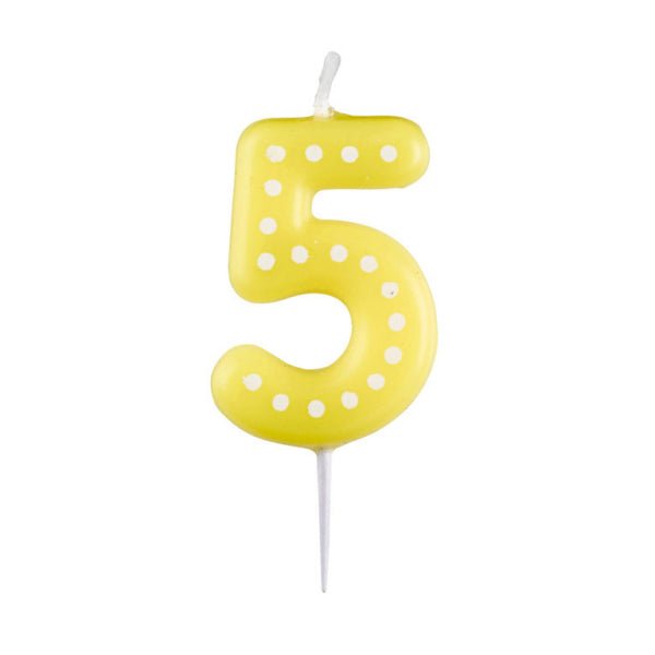 5 Kaars Geel Stippen 6,5cm van Riethmueller koop je bij Partywinkel