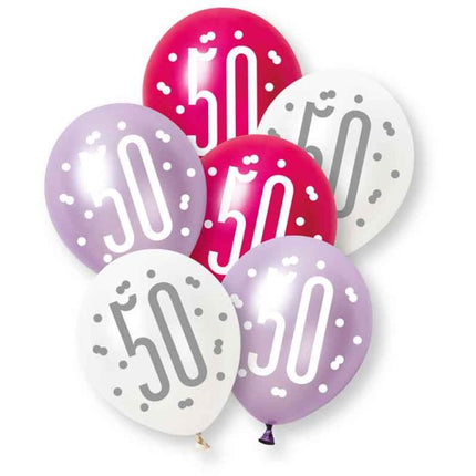 50 Jaar Ballonnen Paars Roze Wit 30cm 6st van Unique koop je bij Partywinkel