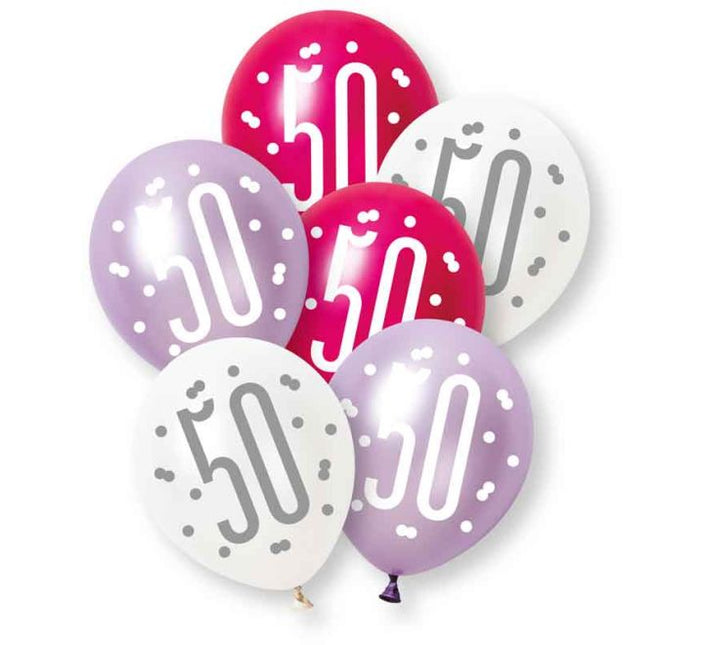 50 Jaar Ballonnen Paars Roze Wit 30cm 6st van Unique koop je bij Partywinkel