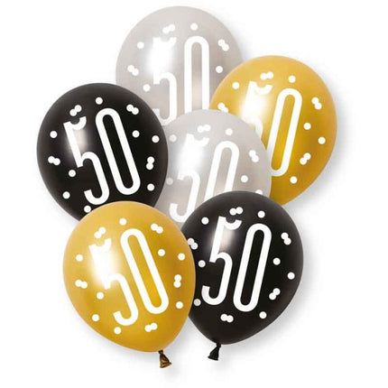50 Jaar Ballonnen Zwart Goud Zilver 30cm 6st van Unique koop je bij Partywinkel