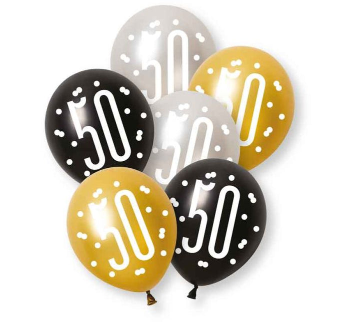 50 Jaar Ballonnen Zwart Goud Zilver 30cm 6st van Unique koop je bij Partywinkel