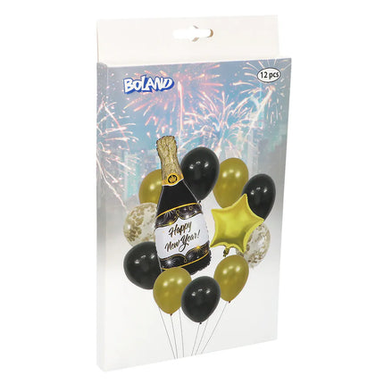 "Happy New Year" Balloon Set (2 foil balloons, 10 latex balloons, a straw, and 10 meters of ribbon)
