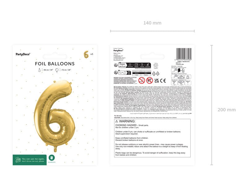 6 Jaar Cijfer Ballon Goud Leeg 72cm van Partydeco koop je bij Partywinkel