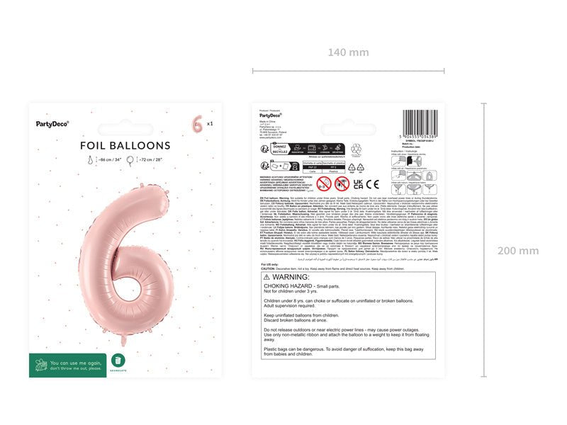 6 Jaar Cijfer Ballon Lichtroze Leeg 72cm van Partydeco koop je bij Partywinkel