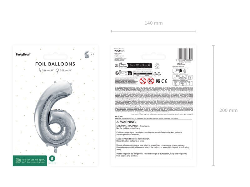 6 Jaar Cijfer Ballon Zilver Leeg 72cm van Partydeco koop je bij Partywinkel