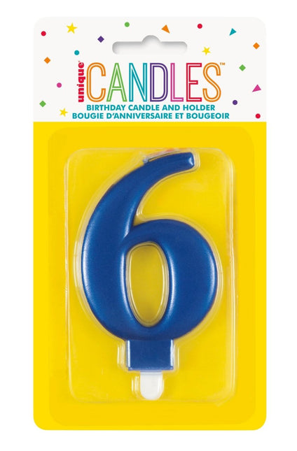 6 Jaar Kaars Blauw 12cm van Unique koop je bij Partywinkel