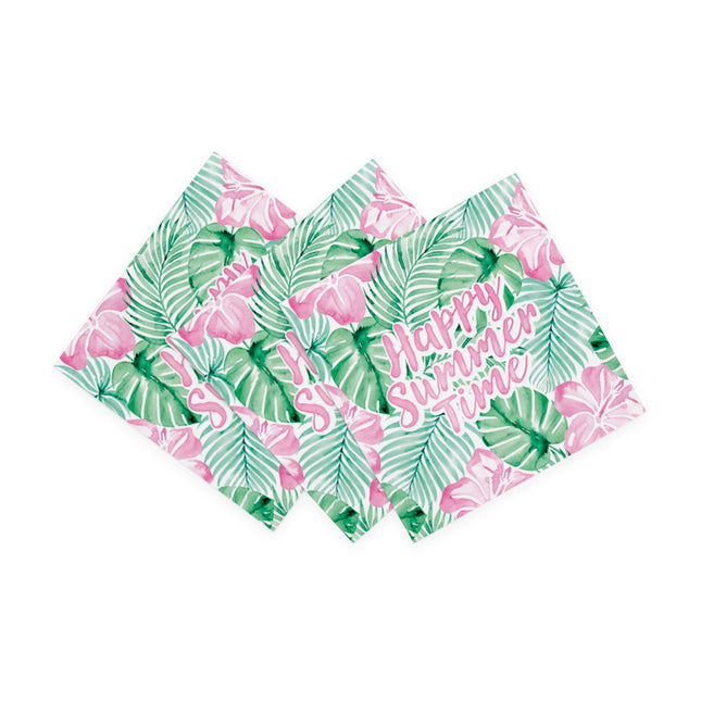 Green and Pink Napkins, "Happy Summer Time," 33 cm, 20-pack