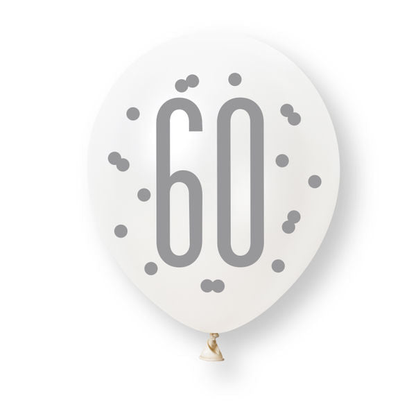 6ct Glitz Rose Gold Number 60 Assorted Platinum & Pearl Premium 30cm Latex Balloons van Unique koop je bij Partywinkel