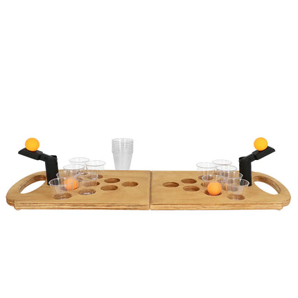 Shot Pong Drinking Game Set (foldable wooden game board, 2 shooters, 4 balls, 12 shot glasses)