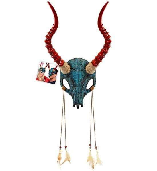 Shaman Bull Skull Mask with Horns and Feathers