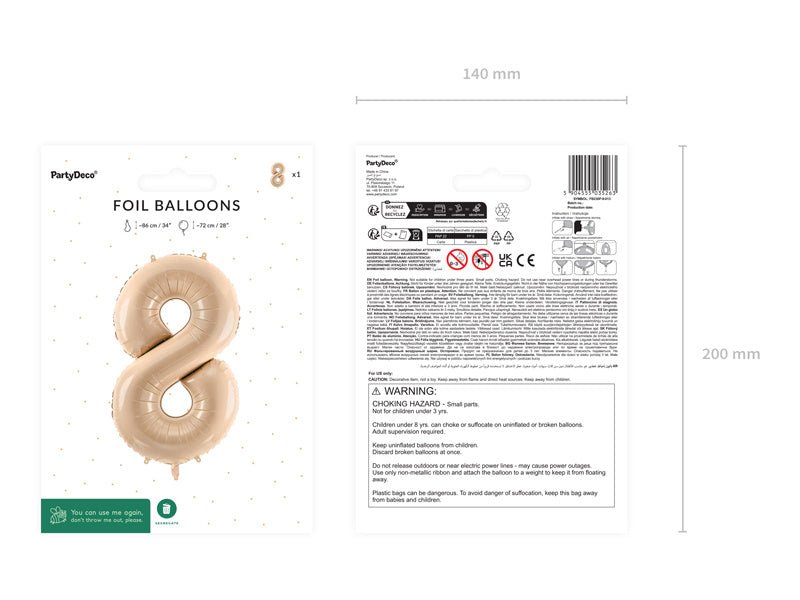 8 Jaar Cijfer Ballon Beige Leeg 72cm van Partydeco koop je bij Partywinkel
