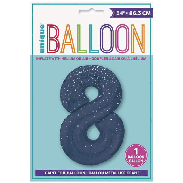 8 Jaar Cijfer Ballon Donkerblauw Stippen 86cm van Unique koop je bij Partywinkel