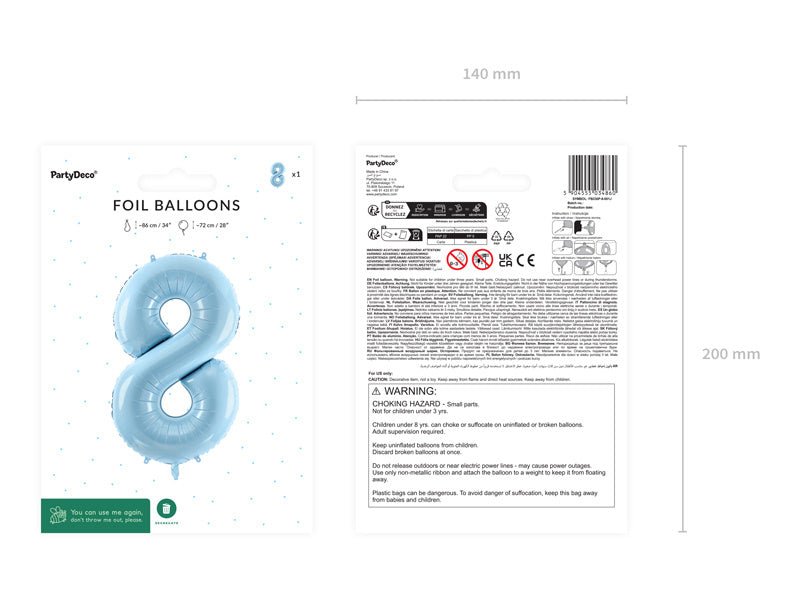 8 Jaar Cijfer Ballon Lichtblauw Leeg 72cm van Partydeco koop je bij Partywinkel