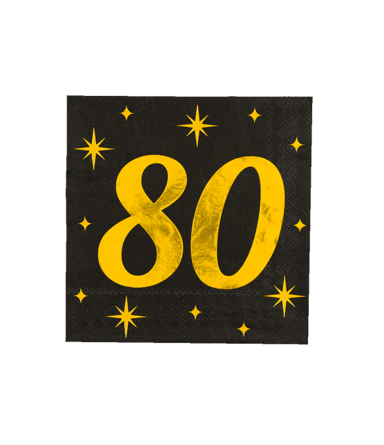 80 Jaar Servetten Zwart Goud 19cm 16st van Paper Dreams koop je bij Partywinkel
