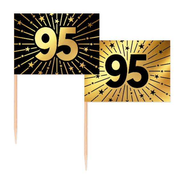 95 Jaar Cocktailprikkers Goud Zwart 50st van WeFiesta koop je bij Partywinkel