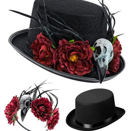 Halloween Hat with Voodoo Flowers and a Skeleton
