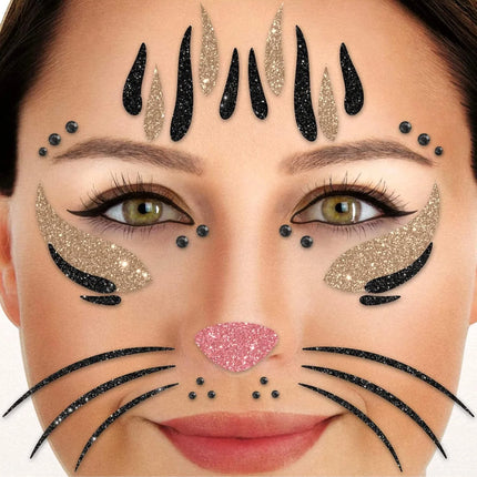Gold and Black Fake Tattoos: Face, Glitter, Cat