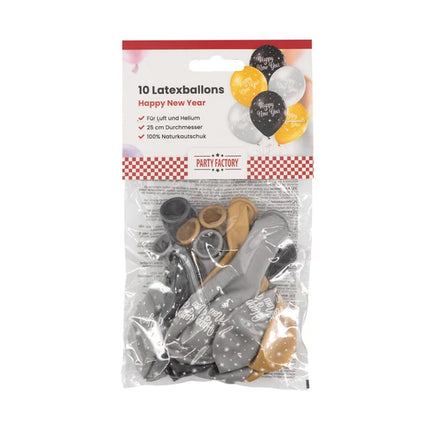 Happy New Year Balloons: Black, Gold, Silver, Cake, 30 cm, 10-pack