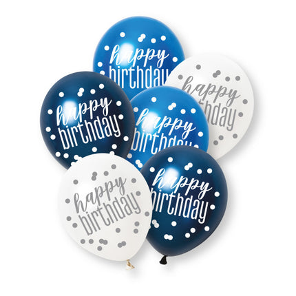 6ct Glitz Blue Happy Birthday Pearl Premium 30cm Latex Balloons