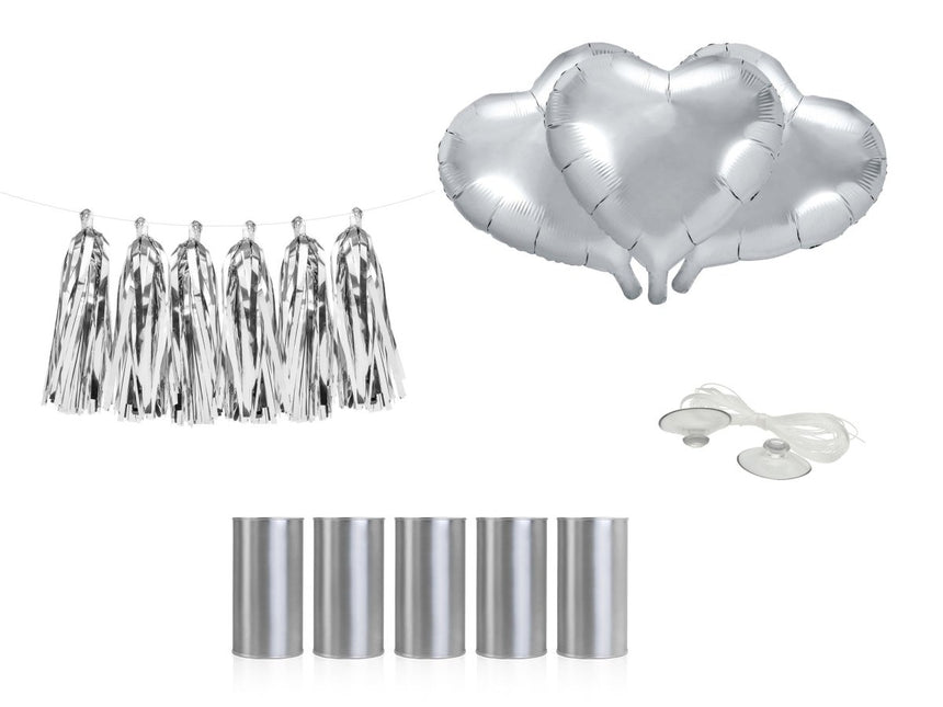 Auto Decoratie Set Bruiloft Hartjes Zilver van Partydeco koop je bij Partywinkel