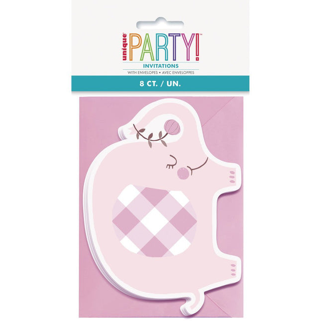 Baby Olifant Uitnodigingen Roze 8st van Unique koop je bij Partywinkel