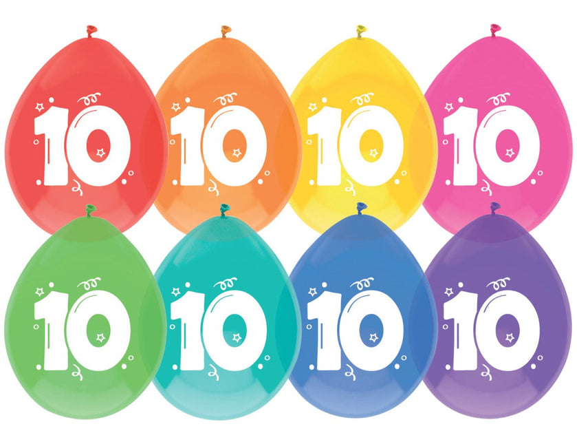 Ballonnen 10 Jaar Gekleurd 30cm 8st van Haza Witbaard koop je bij Partywinkel