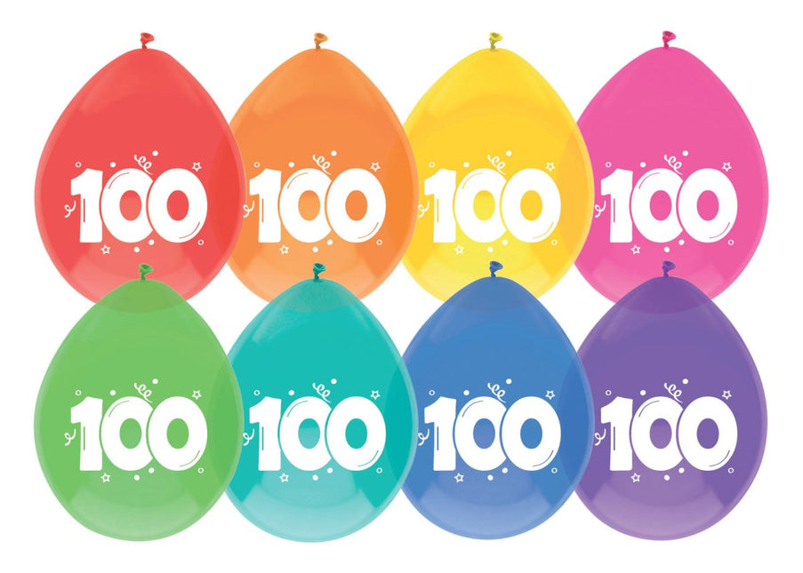 Ballonnen 100 Jaar Gekleurd 30cm 8st van Haza Witbaard koop je bij Partywinkel