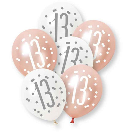 Ballonnen 13 Jaar Roze Wit 30cm 6st van Unique koop je bij Partywinkel