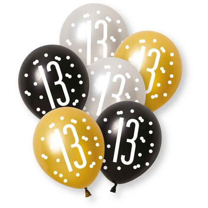 Ballonnen 13 Jaar Zwart Goud 30cm 6st van Unique koop je bij Partywinkel