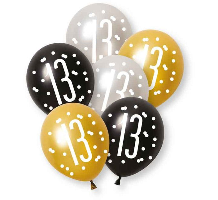 Ballonnen 13 Jaar Zwart Goud 30cm 6st van Unique koop je bij Partywinkel