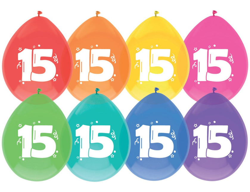 Ballonnen 15 Jaar Gekleurd 30cm 8st van Haza Witbaard koop je bij Partywinkel