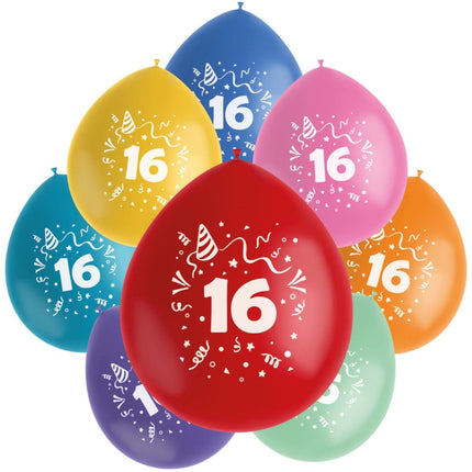 Ballonnen 16 Jaar Gekleurd 23cm 8st van Folat koop je bij Partywinkel