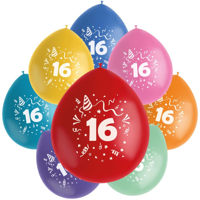 Ballonnen 16 Jaar Gekleurd 23cm 8st van Folat koop je bij Partywinkel