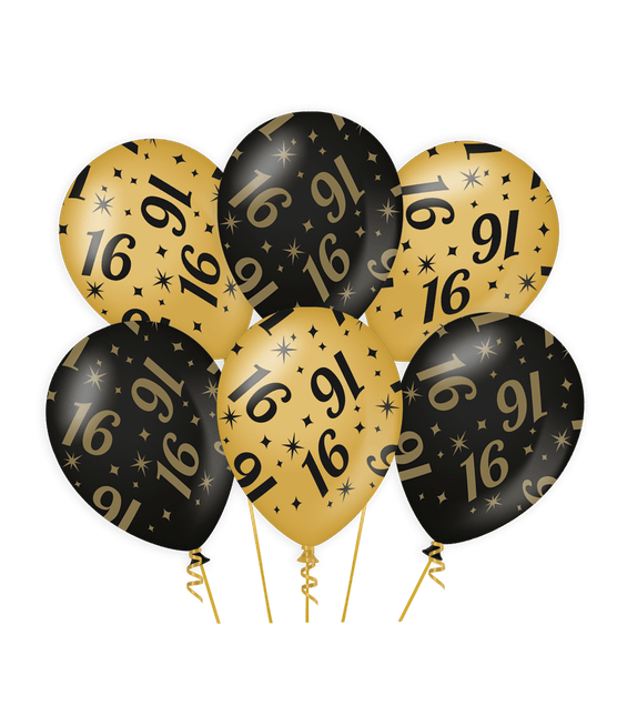Ballonnen 16 Jaar Goud Zwart 30cm 6st van Paper Dreams koop je bij Partywinkel