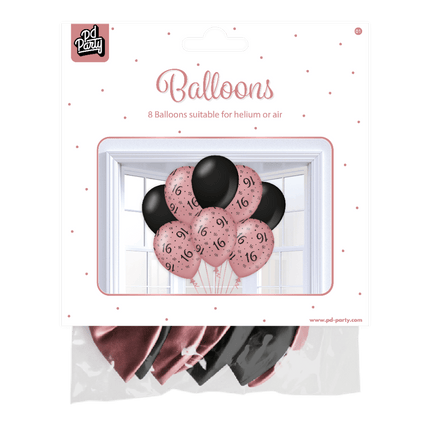 Ballonnen 16 Jaar Rose Zwart 30cm 8st van Paper Dreams koop je bij Partywinkel