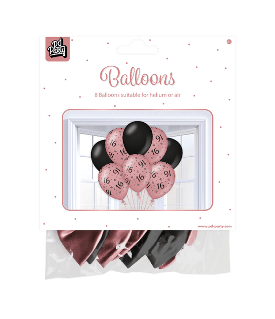 Ballonnen 16 Jaar Rose Zwart 30cm 8st van Paper Dreams koop je bij Partywinkel