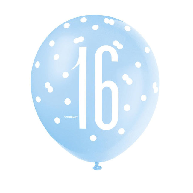 Ballonnen 16 Jaar Stippen Blauw 30cm 6st van Unique koop je bij Partywinkel
