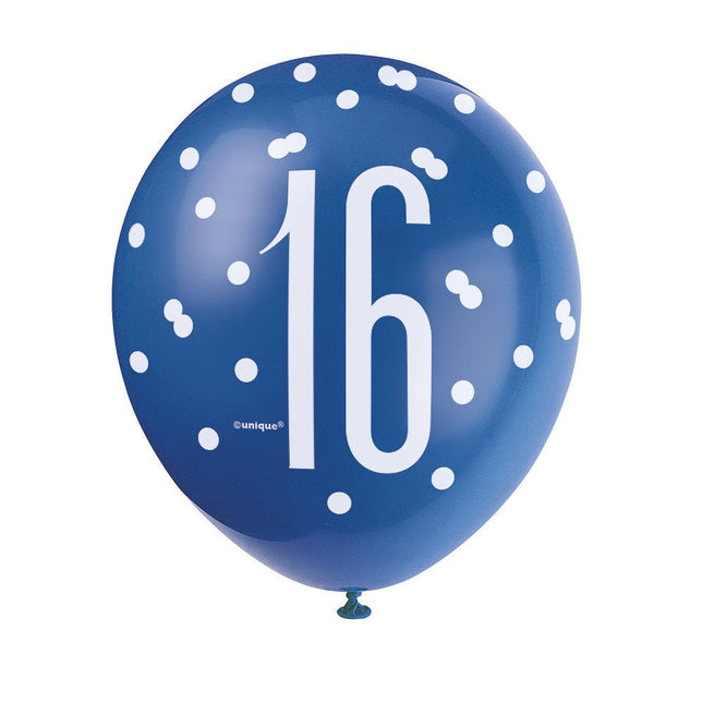 Ballonnen 16 Jaar Stippen Blauw 30cm 6st van Unique koop je bij Partywinkel