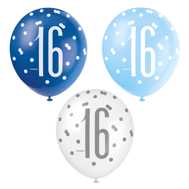 Ballonnen 16 Jaar Stippen Blauw 30cm 6st van Unique koop je bij Partywinkel