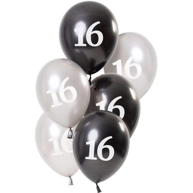 Ballonnen 16 Jaar Zwart 23cm 6st van Folat koop je bij Partywinkel