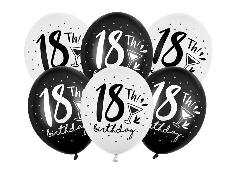 Ballonnen 18 Jaar Zwart Wit 30cm 6st van Partydeco koop je bij Partywinkel