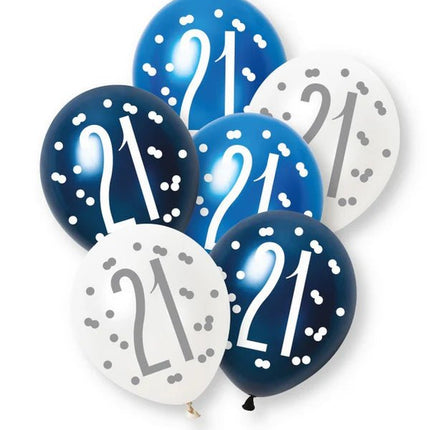 Ballonnen 21 Jaar Blauw Wit 30cm 6st van Unique koop je bij Partywinkel