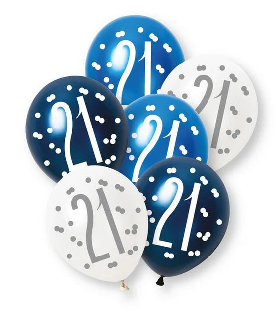 Ballonnen 21 Jaar Blauw Wit 30cm 6st van Unique koop je bij Partywinkel
