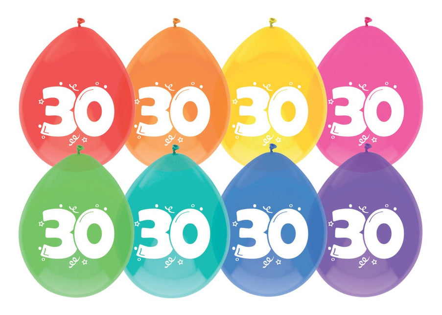 Ballonnen 30 Jaar Gekleurd 30cm 8st van Haza Witbaard koop je bij Partywinkel