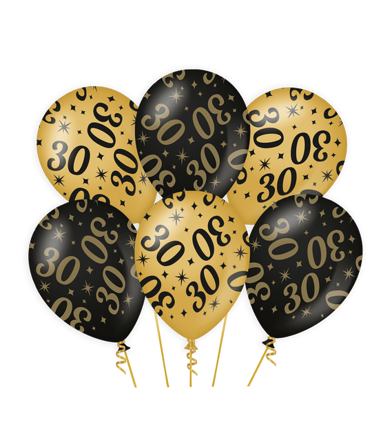 Ballonnen 30 Jaar Goud Zwart 30cm 6st van Paper Dreams koop je bij Partywinkel