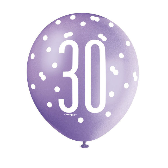 Ballonnen 30 Jaar Stippen 30cm 6st van Unique koop je bij Partywinkel
