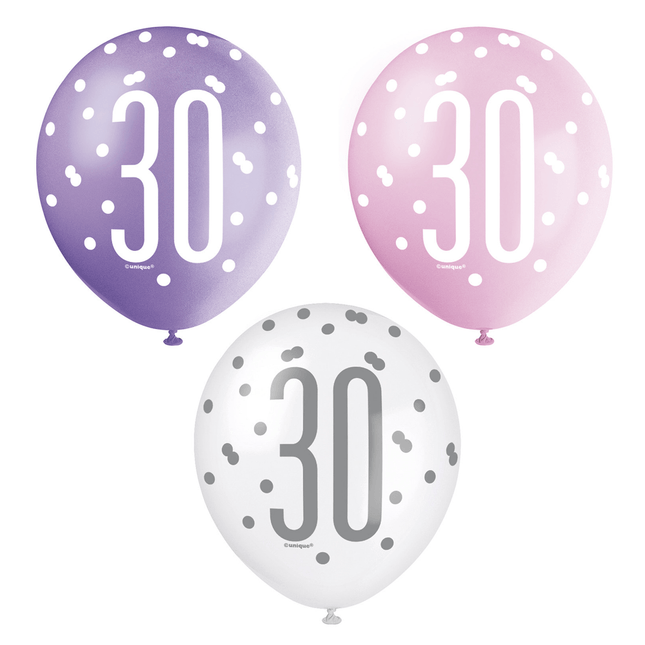 Ballonnen 30 Jaar Stippen 30cm 6st van Unique koop je bij Partywinkel