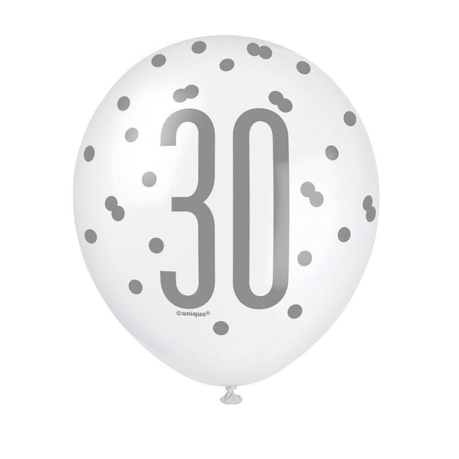 Ballonnen 30 Jaar Stippen Blauw 30cm 6st van Unique koop je bij Partywinkel