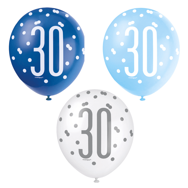 Ballonnen 30 Jaar Stippen Blauw 30cm 6st van Unique koop je bij Partywinkel