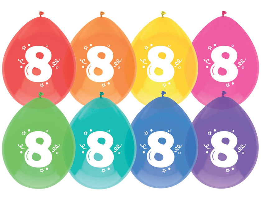 Ballonnen 8 Jaar Gekleurd 30cm 8st van Haza Witbaard koop je bij Partywinkel